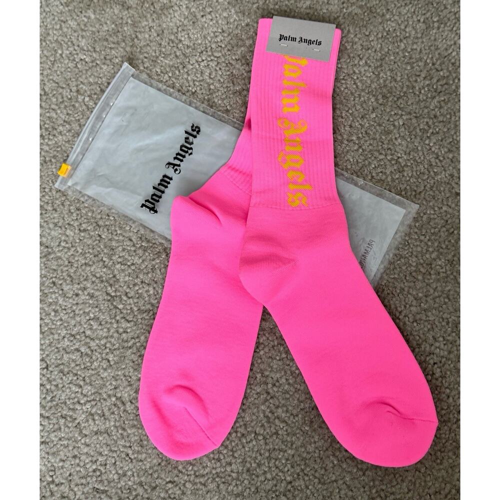 Palm Angels Logo Socks L/XL Pink Yellow Crew Made Italy NWT